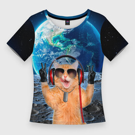Женская футболка 3D Slim с принтом Кот на луне в Екатеринбурге,  |  | cat | астрономия | в космосе | в наушниках | в очках | грозовой кошак | животные | звезды | земля | илон маск | космическая | космонавт | космос | кот | котейка | котики | луна | луноход | на фоне земли