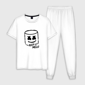 Мужская пижама хлопок с принтом Keep It Mello в Екатеринбурге, 100% хлопок | брюки и футболка прямого кроя, без карманов, на брюках мягкая резинка на поясе и по низу штанин
 | Тематика изображения на принте: marshmallow | marshmello | диджей | маршмэллоу | музыка