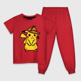 Детская пижама хлопок с принтом Пиксельный Детектив Пикачу в Екатеринбурге, 100% хлопок |  брюки и футболка прямого кроя, без карманов, на брюках мягкая резинка на поясе и по низу штанин
 | 