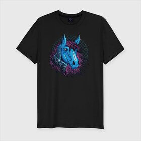 Мужская футболка хлопок Slim с принтом Лошадь Неон в Екатеринбурге, 92% хлопок, 8% лайкра | приталенный силуэт, круглый вырез ворота, длина до линии бедра, короткий рукав | horse | neon | retro | кони | конь | лошади | лошадь | неон | ретро