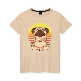 Женская футболка хлопок с принтом Мопс Йога в Екатеринбурге, 100% хлопок | прямой крой, круглый вырез горловины, длина до линии бедер, слегка спущенное плечо | dog | pug | yoga | йога | медитация | мопс | мопсы | собака | собаки | фитнес