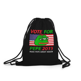 Рюкзак-мешок 3D с принтом Vote for pepe в Екатеринбурге, 100% полиэстер | плотность ткани — 200 г/м2, размер — 35 х 45 см; лямки — толстые шнурки, застежка на шнуровке, без карманов и подкладки | bad | dab | frog | good | kek | make pepe great again | pepe | sad | sad frog | vote for pepe | кек | лягушка | мем | мемы | пепе | со смыслом | фрог