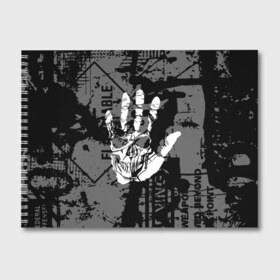 Альбом для рисования с принтом Stop в Екатеринбурге, 100% бумага
 | матовая бумага, плотность 200 мг. | Тематика изображения на принте: black | caution | gray | halloween | hand | skeleton | skull | stop | white | белый | предупреждение | рука | серый | скелет | хэллоуин | череп | черный