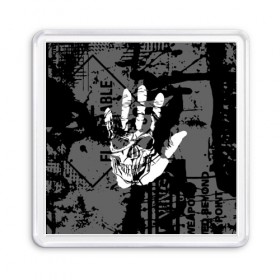 Магнит 55*55 с принтом Stop в Екатеринбурге, Пластик | Размер: 65*65 мм; Размер печати: 55*55 мм | black | caution | gray | halloween | hand | skeleton | skull | stop | white | белый | предупреждение | рука | серый | скелет | хэллоуин | череп | черный