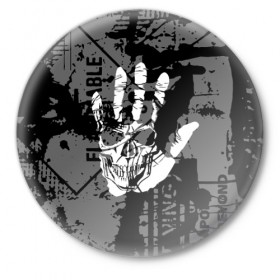Значок с принтом Stop в Екатеринбурге,  металл | круглая форма, металлическая застежка в виде булавки | black | caution | gray | halloween | hand | skeleton | skull | stop | white | белый | предупреждение | рука | серый | скелет | хэллоуин | череп | черный