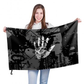 Флаг 3D с принтом Stop в Екатеринбурге, 100% полиэстер | плотность ткани — 95 г/м2, размер — 67 х 109 см. Принт наносится с одной стороны | black | caution | gray | halloween | hand | skeleton | skull | stop | white | белый | предупреждение | рука | серый | скелет | хэллоуин | череп | черный