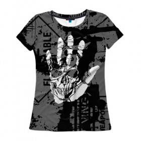 Женская футболка 3D с принтом Stop в Екатеринбурге, 100% полиэфир ( синтетическое хлопкоподобное полотно) | прямой крой, круглый вырез горловины, длина до линии бедер | black | caution | gray | halloween | hand | skeleton | skull | stop | white | белый | предупреждение | рука | серый | скелет | хэллоуин | череп | черный
