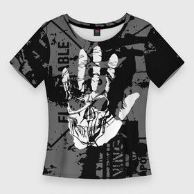 Женская футболка 3D Slim с принтом Stop Covid 19 в Екатеринбурге,  |  | black | caution | gray | halloween | hand | skeleton | skull | stop | white | белый | предупреждение | рука | серый | скелет | хэллоуин | череп | черный