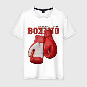 Мужская футболка хлопок с принтом National Team Boxing в Екатеринбурге, 100% хлопок | прямой крой, круглый вырез горловины, длина до линии бедер, слегка спущенное плечо. | бокс | перчатки