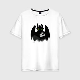 Женская футболка хлопок Oversize с принтом Toothless в Екатеринбурге, 100% хлопок | свободный крой, круглый ворот, спущенный рукав, длина до линии бедер
 | беззубик | взгляд | горы | дракон | как приручить дракона | лес | луна | мульт | силуэт | тень | фурия
