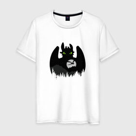 Мужская футболка хлопок с принтом Toothless в Екатеринбурге, 100% хлопок | прямой крой, круглый вырез горловины, длина до линии бедер, слегка спущенное плечо. | беззубик | взгляд | горы | дракон | как приручить дракона | лес | луна | мульт | силуэт | тень | фурия