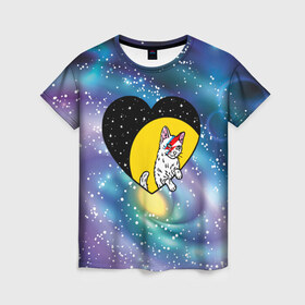 Женская футболка 3D с принтом Cosmos в Екатеринбурге, 100% полиэфир ( синтетическое хлопкоподобное полотно) | прямой крой, круглый вырез горловины, длина до линии бедер | cat | cosmos | heart | kitten | moon | stars | звезды | космос | кот | котенок | кошка | луна | сердце