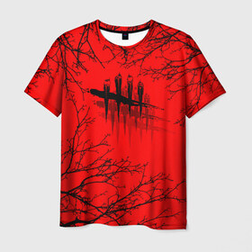 Мужская футболка 3D с принтом Dead by Daylight в Екатеринбурге, 100% полиэфир | прямой крой, круглый вырез горловины, длина до линии бедер | dead by daylight | ветки | деад бай деад лайт | деревья | жуть | игра | компьютерная игра | красный | красный и черный | кровь | ужасы | черный