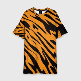 Детское платье 3D с принтом Тигр в Екатеринбурге, 100% полиэстер | прямой силуэт, чуть расширенный к низу. Круглая горловина, на рукавах — воланы | Тематика изображения на принте: животное | зверь | кардашьян | ким | кот | лев | оранжевый | полосы | рыжий | тигр | черный
