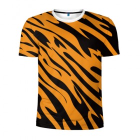 Мужская футболка 3D спортивная с принтом Тигр в Екатеринбурге, 100% полиэстер с улучшенными характеристиками | приталенный силуэт, круглая горловина, широкие плечи, сужается к линии бедра | животное | зверь | кардашьян | ким | кот | лев | оранжевый | полосы | рыжий | тигр | черный