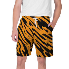 Мужские шорты 3D с принтом Тигр в Екатеринбурге,  полиэстер 100% | прямой крой, два кармана без застежек по бокам. Мягкая трикотажная резинка на поясе, внутри которой широкие завязки. Длина чуть выше колен | животное | зверь | кардашьян | ким | кот | лев | оранжевый | полосы | рыжий | тигр | черный