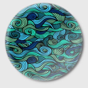 Значок с принтом Морская пучина в Екатеринбурге,  металл | круглая форма, металлическая застежка в виде булавки | абстракция | волны | зеленый | круг | линии | море | полосы | синий