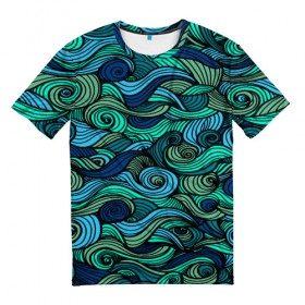 Мужская футболка 3D с принтом Морская пучина в Екатеринбурге, 100% полиэфир | прямой крой, круглый вырез горловины, длина до линии бедер | абстракция | волны | зеленый | круг | линии | море | полосы | синий
