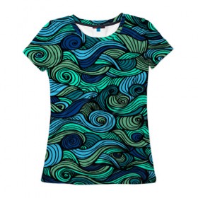 Женская футболка 3D с принтом Морская пучина в Екатеринбурге, 100% полиэфир ( синтетическое хлопкоподобное полотно) | прямой крой, круглый вырез горловины, длина до линии бедер | абстракция | волны | зеленый | круг | линии | море | полосы | синий