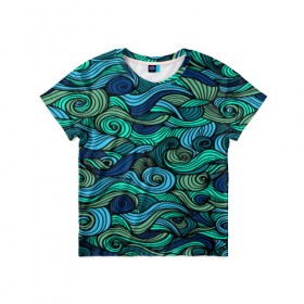 Детская футболка 3D с принтом Морская пучина в Екатеринбурге, 100% гипоаллергенный полиэфир | прямой крой, круглый вырез горловины, длина до линии бедер, чуть спущенное плечо, ткань немного тянется | абстракция | волны | зеленый | круг | линии | море | полосы | синий