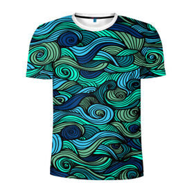 Мужская футболка 3D спортивная с принтом Морская пучина в Екатеринбурге, 100% полиэстер с улучшенными характеристиками | приталенный силуэт, круглая горловина, широкие плечи, сужается к линии бедра | абстракция | волны | зеленый | круг | линии | море | полосы | синий