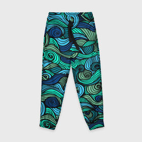 Детские брюки 3D с принтом Морская пучина в Екатеринбурге, 100% полиэстер | манжеты по низу, эластичный пояс регулируется шнурком, по бокам два кармана без застежек, внутренняя часть кармана из мелкой сетки | абстракция | волны | зеленый | круг | линии | море | полосы | синий