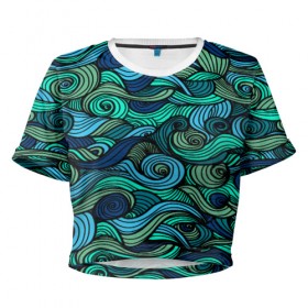 Женская футболка 3D укороченная с принтом Морская пучина в Екатеринбурге, 100% полиэстер | круглая горловина, длина футболки до линии талии, рукава с отворотами | абстракция | волны | зеленый | круг | линии | море | полосы | синий