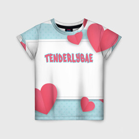 Детская футболка 3D с принтом Tenderlybae в Екатеринбурге, 100% гипоаллергенный полиэфир | прямой крой, круглый вырез горловины, длина до линии бедер, чуть спущенное плечо, ткань немного тянется | tenderlybae | twitch | амина | бэйби | в маске | малышка | мирзоева | мэйби | нежная | стримерша | тендерлибае | тендерлибэй