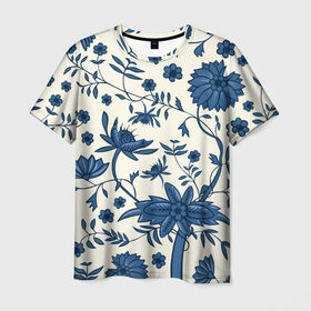 Мужская футболка 3D с принтом Цветочная фантазия в Екатеринбурге, 100% полиэфир | прямой крой, круглый вырез горловины, длина до линии бедер | белый | листья | отпуск | природа | синий | цветы