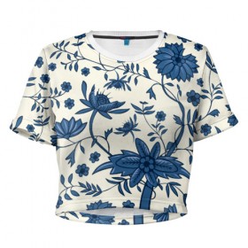Женская футболка 3D укороченная с принтом Цветочная фантазия в Екатеринбурге, 100% полиэстер | круглая горловина, длина футболки до линии талии, рукава с отворотами | белый | листья | отпуск | природа | синий | цветы