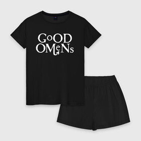 Женская пижама с шортиками хлопок с принтом Good Omens в Екатеринбурге, 100% хлопок | футболка прямого кроя, шорты свободные с широкой мягкой резинкой | david | good | michael | omens | sheen | tennant | азирафель | ангел | благие | демон | дэвид | знамения | кроули | майкл | падший | теннант | шин