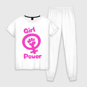 Женская пижама хлопок с принтом Girl Power в Екатеринбурге, 100% хлопок | брюки и футболка прямого кроя, без карманов, на брюках мягкая резинка на поясе и по низу штанин | женская | за баб | кулак | начало | независимость | сила | феминизм | энергия