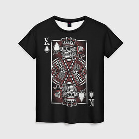 Женская футболка 3D с принтом Король пик в Екатеринбурге, 100% полиэфир ( синтетическое хлопкоподобное полотно) | прямой крой, круглый вырез горловины, длина до линии бедер | game | king | poker | spades | suit | графика | игра | игральная | иллюстрация | казино | карта | картинка | коллаж | король | корона | мантия | масть | мода | орнамент | пики | покер | разбросаны | рисунок | символ