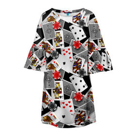 Детское платье 3D с принтом Игральные карты в Екатеринбурге, 100% полиэстер | прямой силуэт, чуть расширенный к низу. Круглая горловина, на рукавах — воланы | Тематика изображения на принте: буны | вольты | графика | дамы | десятки | игра | игральные | иллюстрация | казино | картинка | карты | коллаж | короли | красные | крести | масть | мода | орнамент | пики | покер | разбросаны | рисунок