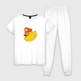 Женская пижама хлопок с принтом DUCKrio в Екатеринбурге, 100% хлопок | брюки и футболка прямого кроя, без карманов, на брюках мягкая резинка на поясе и по низу штанин | duck | duckpack | game | gamer | желтый | игра | марио | милый | усы | утенок | утка