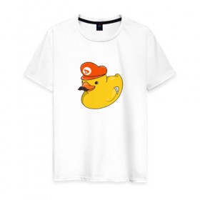 Мужская футболка хлопок с принтом DUCKrio в Екатеринбурге, 100% хлопок | прямой крой, круглый вырез горловины, длина до линии бедер, слегка спущенное плечо. | duck | duckpack | game | gamer | желтый | игра | марио | милый | усы | утенок | утка