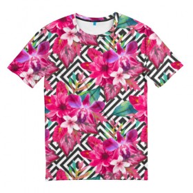 Мужская футболка 3D с принтом Тропические цветы в Екатеринбурге, 100% полиэфир | прямой крой, круглый вырез горловины, длина до линии бедер | big | арт | крупные арты | крупные принты | сумаcшедшие арты
