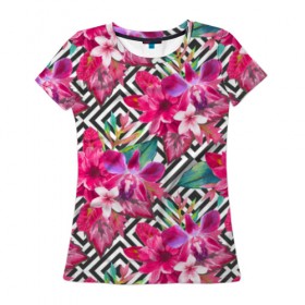 Женская футболка 3D с принтом Тропические цветы в Екатеринбурге, 100% полиэфир ( синтетическое хлопкоподобное полотно) | прямой крой, круглый вырез горловины, длина до линии бедер | big | арт | крупные арты | крупные принты | сумаcшедшие арты