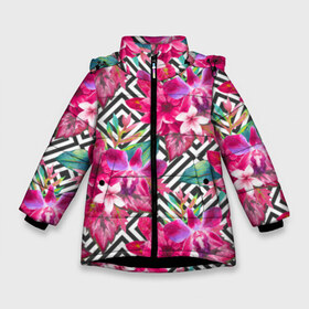 Зимняя куртка для девочек 3D с принтом Тропические цветы в Екатеринбурге, ткань верха — 100% полиэстер; подклад — 100% полиэстер, утеплитель — 100% полиэстер. | длина ниже бедра, удлиненная спинка, воротник стойка и отстегивающийся капюшон. Есть боковые карманы с листочкой на кнопках, утяжки по низу изделия и внутренний карман на молнии. 

Предусмотрены светоотражающий принт на спинке, радужный светоотражающий элемент на пуллере молнии и на резинке для утяжки. | big | арт | крупные арты | крупные принты | сумаcшедшие арты
