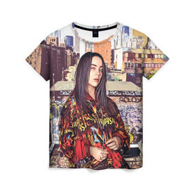 Женская футболка 3D с принтом Billie Eilish в Екатеринбурге, 100% полиэфир ( синтетическое хлопкоподобное полотно) | прямой крой, круглый вырез горловины, длина до линии бедер | билли айлиш | певица