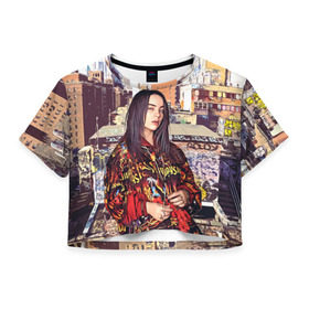 Женская футболка 3D укороченная с принтом Billie Eilish в Екатеринбурге, 100% полиэстер | круглая горловина, длина футболки до линии талии, рукава с отворотами | билли айлиш | певица