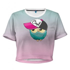 Женская футболка 3D укороченная с принтом Совенок в бейсболке в Екатеринбурге, 100% полиэстер | круглая горловина, длина футболки до линии талии, рукава с отворотами | 