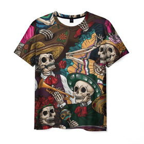 Мужская футболка 3D с принтом Мексиканская Вечеринка в Екатеринбурге, 100% полиэфир | прямой крой, круглый вырез горловины, длина до линии бедер | party | амиго | маракасы | мексика | мехико | скелет | сомбреро | текила | черепа