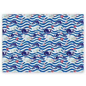 Поздравительная открытка с принтом Киты и дельфины в Екатеринбурге, 100% бумага | плотность бумаги 280 г/м2, матовая, на обратной стороне линовка и место для марки
 | animals | background | boats | fashion | hearts | paper | sea | style | text | water | вода | волны | графика | дельфины | детский | иллюстрация | картинка | мода | море | морские | надпись | океан | орнамент | полоски | пуговицы | пунктир