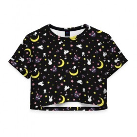 Женская футболка 3D укороченная с принтом Sailor Moon Pattern в Екатеринбурге, 100% полиэстер | круглая горловина, длина футболки до линии талии, рукава с отворотами | аниме | детский | зайчик | зая | звезды | кролик | луна в матроске | матросска | месяц | милота | милый | небо | паттерн | сейлор мун | черный