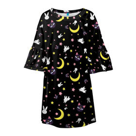Детское платье 3D с принтом Sailor Moon Pattern в Екатеринбурге, 100% полиэстер | прямой силуэт, чуть расширенный к низу. Круглая горловина, на рукавах — воланы | аниме | детский | зайчик | зая | звезды | кролик | луна в матроске | матросска | месяц | милота | милый | небо | паттерн | сейлор мун | черный