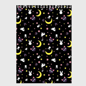 Скетчбук с принтом Sailor Moon Pattern в Екатеринбурге, 100% бумага
 | 48 листов, плотность листов — 100 г/м2, плотность картонной обложки — 250 г/м2. Листы скреплены сверху удобной пружинной спиралью | аниме | детский | зайчик | зая | звезды | кролик | луна в матроске | матросска | месяц | милота | милый | небо | паттерн | сейлор мун | черный