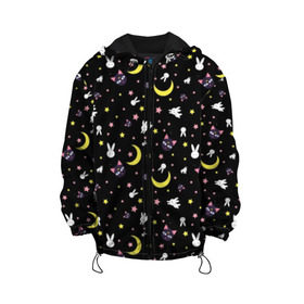 Детская куртка 3D с принтом Sailor Moon Pattern в Екатеринбурге, 100% полиэстер | застежка — молния, подол и капюшон оформлены резинкой с фиксаторами, по бокам — два кармана без застежек, один потайной карман на груди, плотность верхнего слоя — 90 г/м2; плотность флисового подклада — 260 г/м2 | аниме | детский | зайчик | зая | звезды | кролик | луна в матроске | матросска | месяц | милота | милый | небо | паттерн | сейлор мун | черный