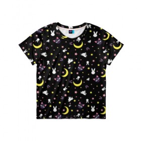 Детская футболка 3D с принтом Sailor Moon Pattern в Екатеринбурге, 100% гипоаллергенный полиэфир | прямой крой, круглый вырез горловины, длина до линии бедер, чуть спущенное плечо, ткань немного тянется | аниме | детский | зайчик | зая | звезды | кролик | луна в матроске | матросска | месяц | милота | милый | небо | паттерн | сейлор мун | черный