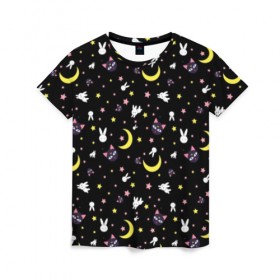Женская футболка 3D с принтом Sailor Moon Pattern в Екатеринбурге, 100% полиэфир ( синтетическое хлопкоподобное полотно) | прямой крой, круглый вырез горловины, длина до линии бедер | аниме | детский | зайчик | зая | звезды | кролик | луна в матроске | матросска | месяц | милота | милый | небо | паттерн | сейлор мун | черный